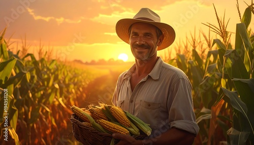 A smiling farmer stands proudly in a cornfield at sunset, holding a basket of freshly harvested corn