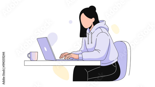 Focused Work: A woman, engrossed in her work, sits at a desk, a laptop before her, a mug of coffee at her side, showcasing the dedication of the professional and remote work