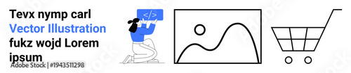 Technology, coding, e-commerce, user interface, graphic design, development tools. A person coding, an image placeholder and a shopping cart icon. Technology and coding concept
