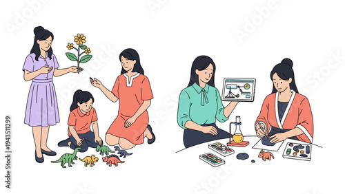 Interactive Learning: A nurturing scene unfolds, depicting a mother engaging in various educational activities with her child, fostering a bond of learning and exploration.