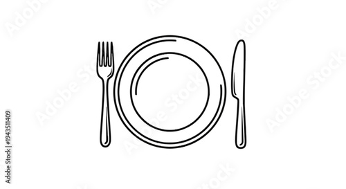 Minimalist line drawing of a plate with fork and knife set on either side isolated on transparent background, Vector