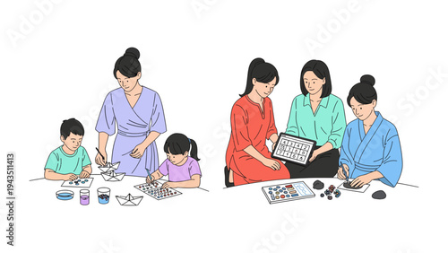 Artistic Family Moments: Two heartwarming scenes show parents and children engaged in creative activities, fostering connections through art and learning.