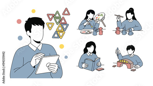 Hobbies and Artistic Pursuits: A collection of illustrations showcasing various hobbies and artistic endeavors, depicting individuals engaged in diverse activities like art, reading, and puzzles.