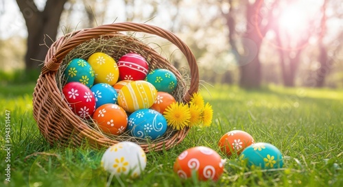 A wicker basket filled with colorful Easter eggs lies on its side in a grassy field with trees in the background.