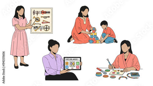 Diverse Women in Action: A collection of diverse women engaging in a variety of activities, from education and creativity to nurturing and tech, showcasing their versatility and influence.