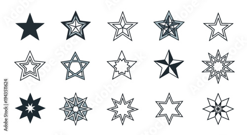 Collection of geometric star shapes in varying sizes and patterns isolated on transparent background, Vector