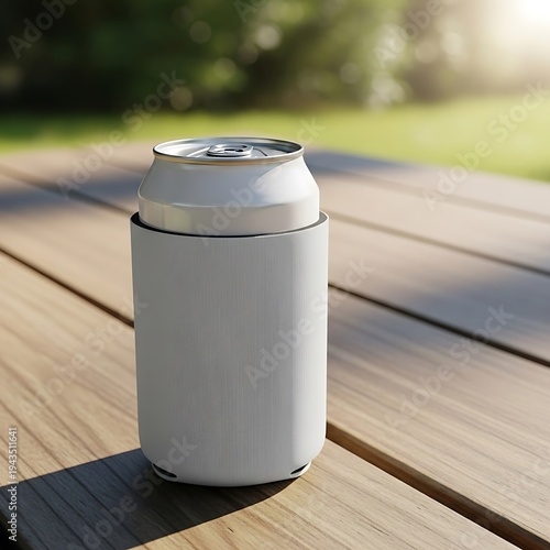 A single soda can placed on a textured outdoor surface near a curb. koozie mockup