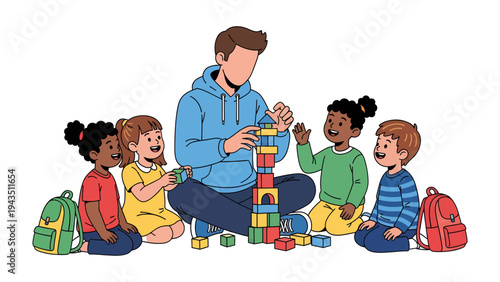 Learning Through Play: A dedicated teacher guides a group of young children in a collaborative building activity, fostering their development through creative and educational play.