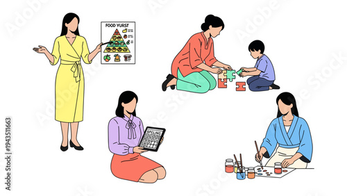 Mom's Daily Life: Illustrations depicting various moments of a woman's day, showcasing her roles as a teacher, caregiver, reader, and artist, embodying the essence of modern motherhood.