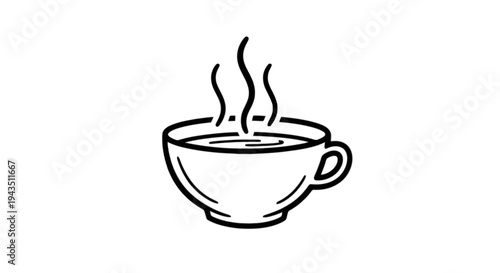 Simple line drawing of a steaming cup of coffee with a handle isolated on transparent background, Vector