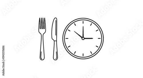Simple illustration of a fork, knife, and clock symbolizing mealtime and time management isolated on transparent background, Vector