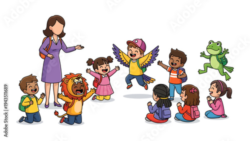 Childrens' Classroom Playtime: A joyful teacher guides a group of diverse and delighted students through an engaging educational activity, fostering creativity and a love of learning.