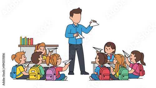 Classroom Connection: A teacher enthusiastically presents paper airplanes to a group of engaged students. Capturing the spirit of education and knowledge exchange within a lively classroom setting.