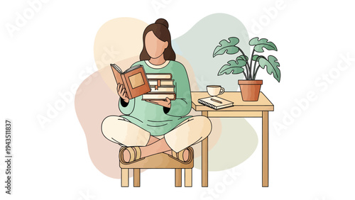Serene Reader's sanctuary: A woman absorbed in a book, nestled by a charming table adorned with a coffee cup, creating a cozy and inviting reading nook.