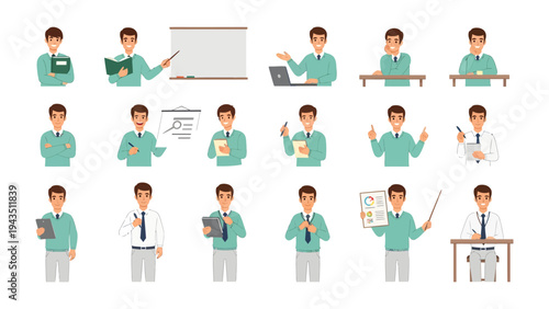 Teaching and Presentation Series: A comprehensive collection of animated illustrations showcases a male figure in various professional settings, engaged in activities such as teaching, presenting.