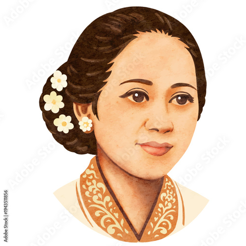R A Kartini Watercolor Portrait Illustration – Indonesian National Heroine in Traditional Kebaya