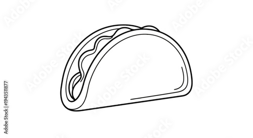 Simple line drawing of a taco wrapped in a tortilla shell with folded edges isolated on transparent background, Vector