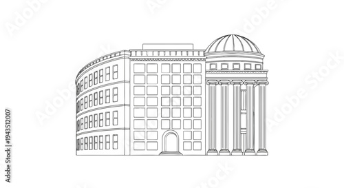 Sketch of a grand building with classical architectural elements and modern structure isolated on transparent background, Vector