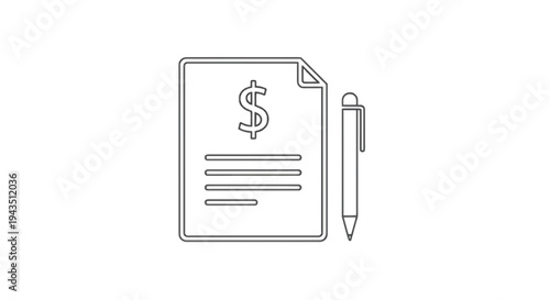 Document with dollar sign icon and pen for financial or invoice note-taking isolated on transparent background, Vector