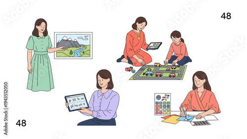 Mom's Daily Life: Illustrations depicting various moments of a mother's daily routine, from interactive playtime to work, and educational pursuits, all under one roof. 