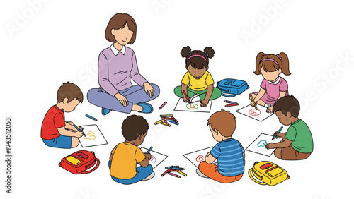 Creative Circle: A nurturing educator guides a diverse group of children, fostering a learning environment. They sit in a circle, engaged in creative expression with crayons.