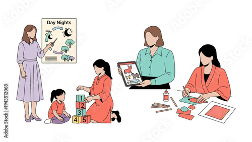 Childcare Harmony: A series of illustrations capturing nurturing moments in a daycare setting, portraying a teacher interacting with children, illustrating the essence of care.