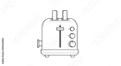 Simple line drawing of a two-slot toaster with lever handle and control knobs isolated on transparent background, Vector