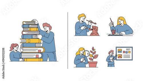 Diverse Intellectual Pursuits: Showcasing a range of academic and creative endeavors, this illustration captures the essence of learning, exploration, and artistic expression.