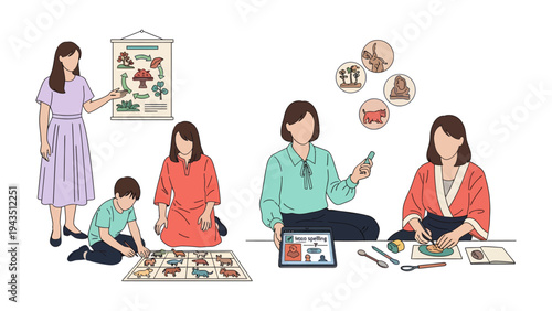 Moments of Learning: A heartwarming illustration shows mothers guiding their children through engaging activities. Moments of education and exploration, fostering curiosity, and nurturing growth. 