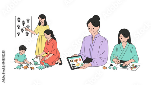 Family Moments in Everyday Life: Capturing candid moments, a series of individuals is immersed in activities ranging from learning to creating.