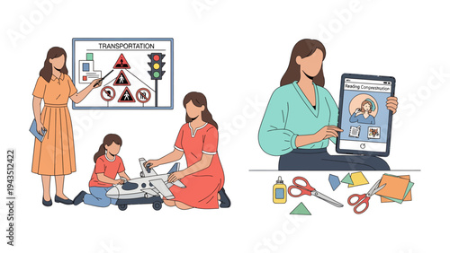 Education and Play: A teacher guide student through traffic signs in a classroom. In a playful scene, a mother helps her child play with a toy plane.