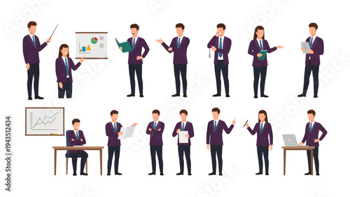 Business Professionals in Action: A comprehensive collection of business professional illustrations. Showing various postures and activities related to business.