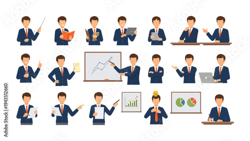 Business Professionals in Various Poses: A set of male business professionals demonstrating various actions and poses, perfect for illustrating diverse business scenarios.