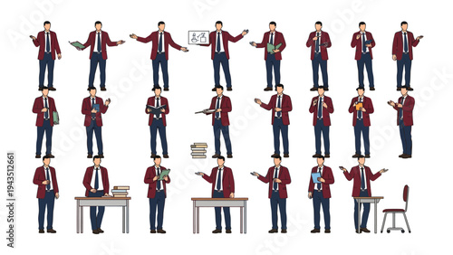 Businessman in Varied Poses: A professional in diverse poses, ideal for conveying business concepts and showcasing various actions, against a neutral backdrop.