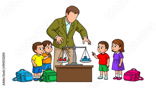 Weighing the Scales: A Teacher's Lesson: A caring teacher in a classroom shows a weight scale and guides his pupils to show fairness, emphasizing learning and knowledge.