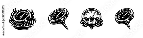 Collection of black and white pressure gauge illustrations, vector silhouettes