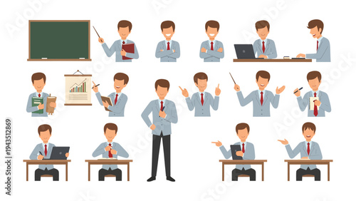 Teaching Moments: A collection of educational moments showcases a teacher in various poses, from presenting lessons with a pointer to engaging students.