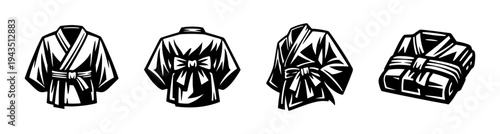 Black and white karate gi illustrations set displaying various styles and views