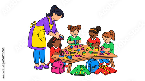 Children's Creative Playtime: In a vibrant classroom setting, children are fully immersed in a playful session of creating with colorful clay under the guidance of a teacher.