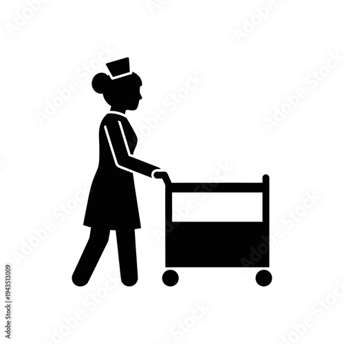 Female hotel staff pushing luggage cart.