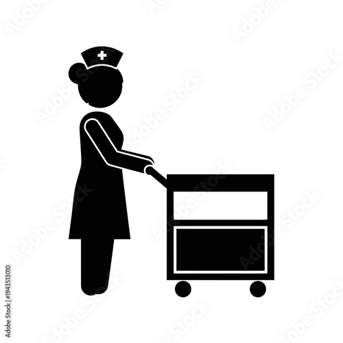 Nurse pushing medical cart equipment.