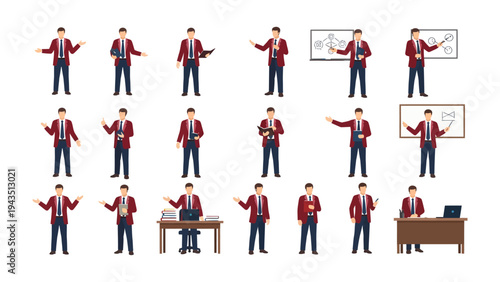 Business Man Illustration Set: A comprehensive collection of illustrations showcases a professional man in various poses, gestures, and settings, perfect for business or educational presentations.