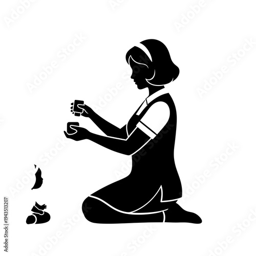 Woman Kneeling Holding Tea Leaves.