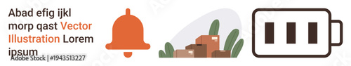 Notifications, delivery logistics, eco-packaging, energy efficiency, user interface, technology. A bell, stacked eco-friendly boxes and a battery icon. Notifications and delivery logistics