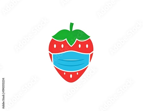 A simple illustration of a strawberry wearing a blue medical mask on a white background. The fruit is red with green leafy top