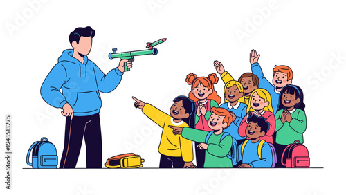 Young Minds in Awe: A teacher sparks imagination with a toy rocket, captivating a diverse group of children eager to explore the wonders of the world and ignite their sense of adventure.