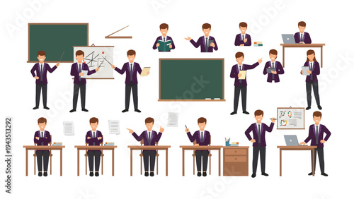 Versatile Business Professional Set: A compilation of professional figures showcases diverse poses and actions. With a blackboard, desk and laptop, each is well-dressed in a suit.