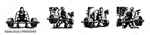 Vector illustration of athletes performing barbell deadlifts in a gym silhouette style