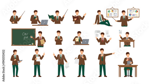Educator in Various Poses: Set of male teachers in a variety of poses against a neutral background, each demonstrating teaching methods and engagement, perfect for illustrating education concepts.