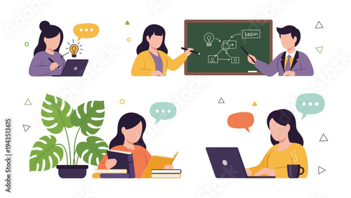 Knowledge Sharing:  Depicting individuals engaged in diverse learning scenarios. They're immersed in knowledge, sharing ideas, and collaborating to boost creativity and learning. 